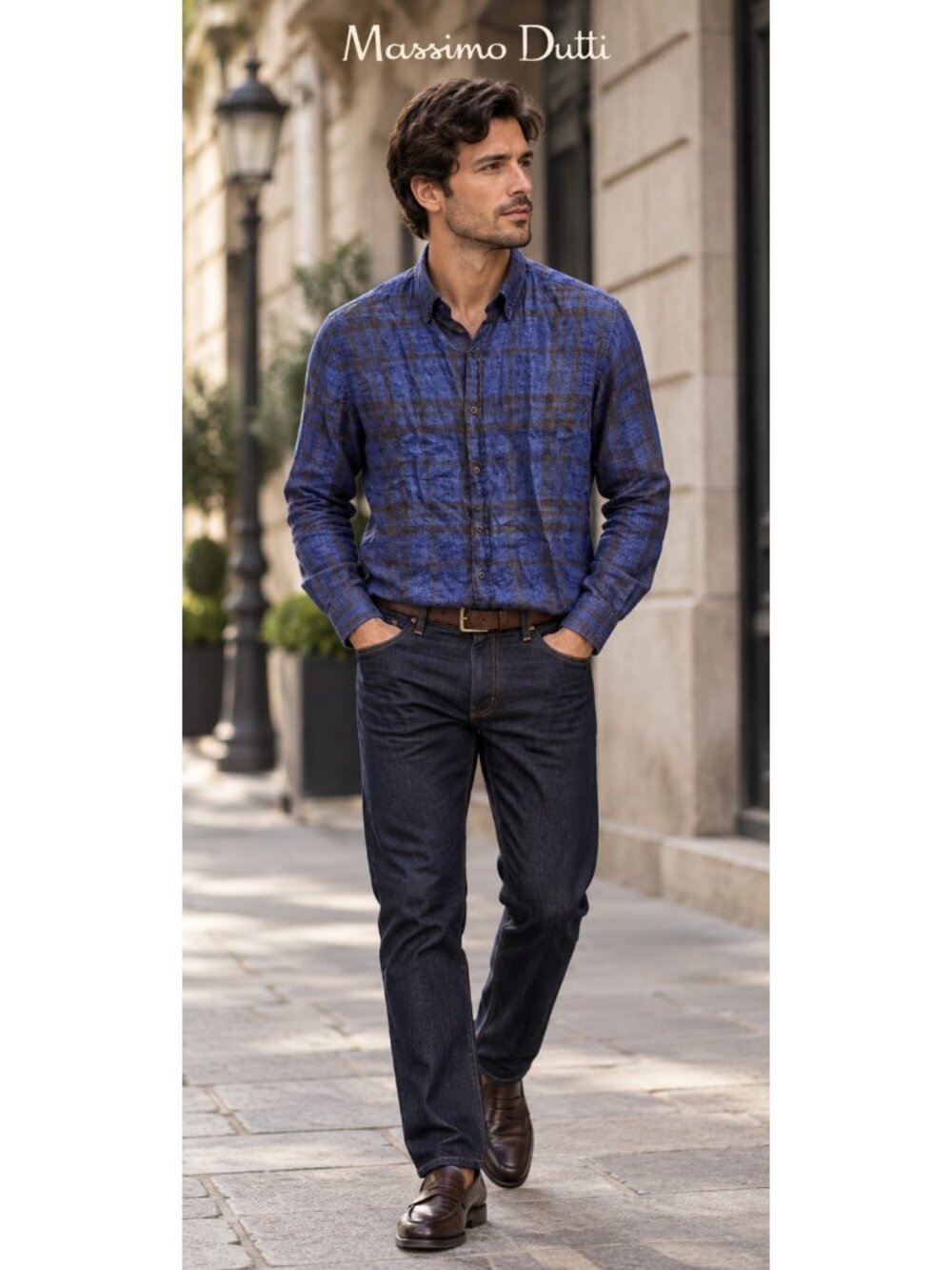 Massimo Dutti Men’s 100% Linen Blue Brown Plaid Button Down Shirt Size S